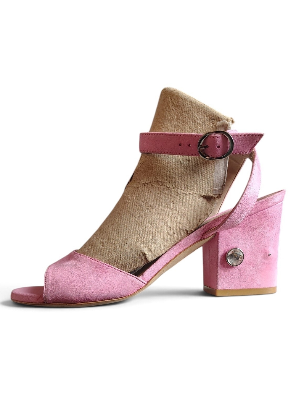 Stuart Weitzman Women's Pink Suede Allshine 75 Embellished Block Heel Sandal 8B